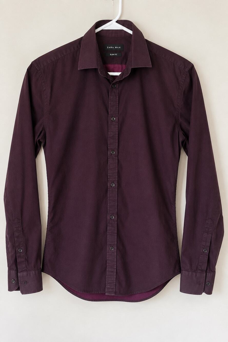 Zara Man Slim Fit Burgundy Wine 100% Cotton Button Up Shirt M